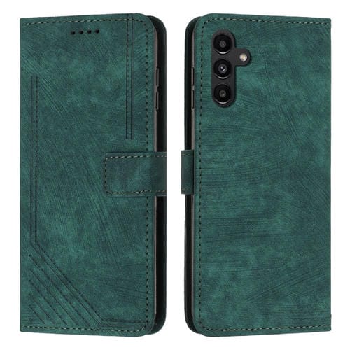 Funda de Cuero Samsung Galaxy A35 Skin Feel con Patrón de Rayas y Cordón Largo (Verde)