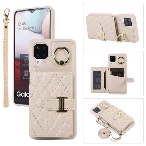 Funda para Samsung Galaxy A12 Horizontal Card Bag Ring Holder con Doble Cordón (Beige)
