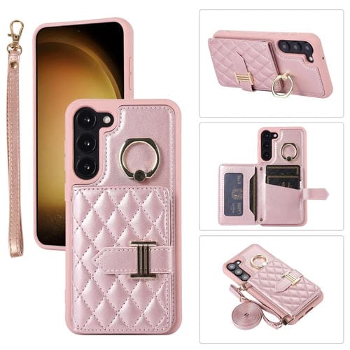 Funda para Samsung Galaxy S21 FE 5G Horizontal Card Bag Ring Holder con Doble Cordón (Oro Rosa)