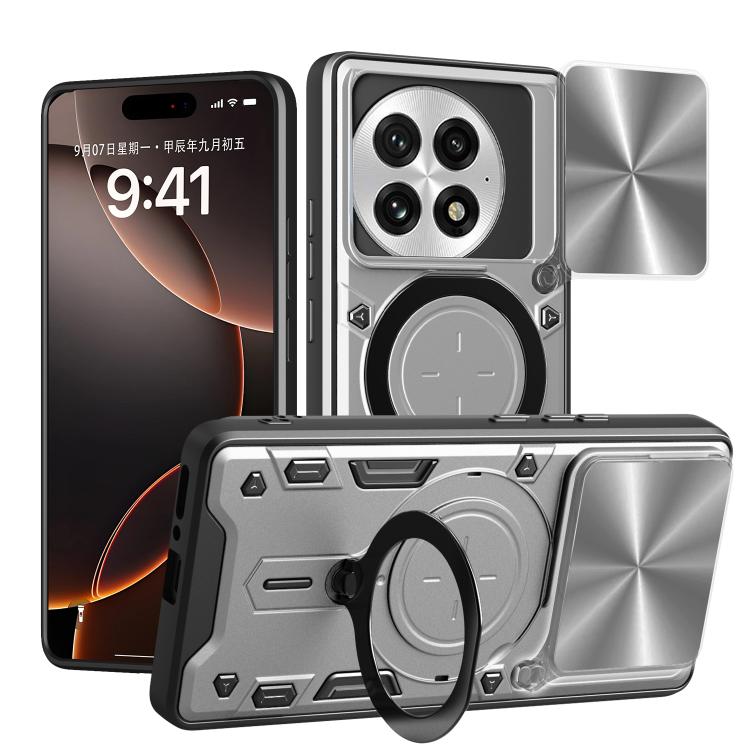 Funda para Teléfono OnePlus 13R 5G con Soporte Magnético Deslizante y Textura de Cd (Plateada)