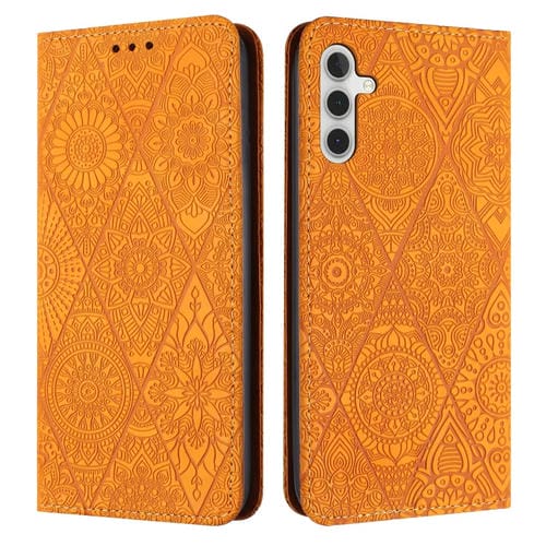 Funda de Teléfono Samsung Galaxy A15 Cuero Adsorción Relieve Étnico (Amarillo)