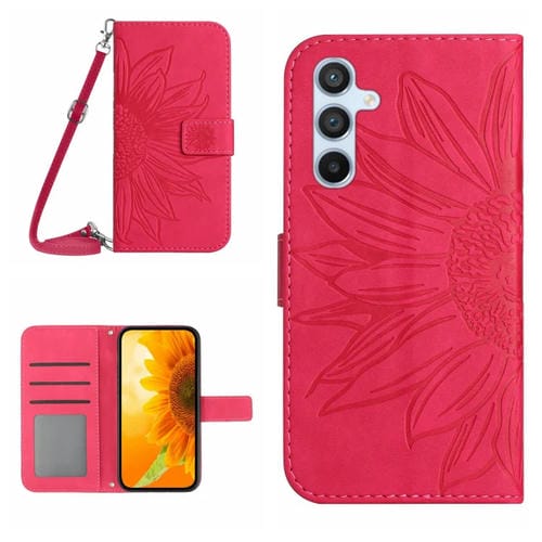 Funda de Cuero Samsung Galaxy A35 5G Skin Feel Sun Flower con Tapa En Relieve y Cordón (Rojo Rosa)