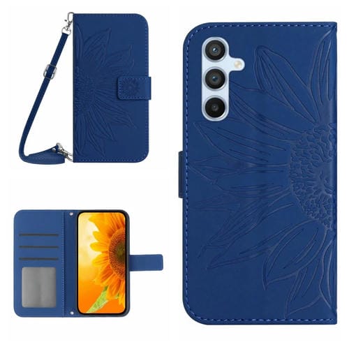 Funda de Cuero Samsung Galaxy A55 5G Skin Feel Sun Flower con Tapa En Relieve y Cordón (Azul Oscuro)