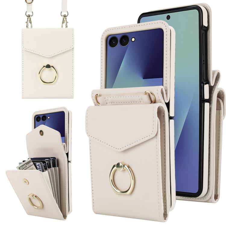 Funda para Samsung Galaxy Z Flip7 5G con ranura para tarjeta RFID y textura Litchi, con soporte para anillo (blanca)