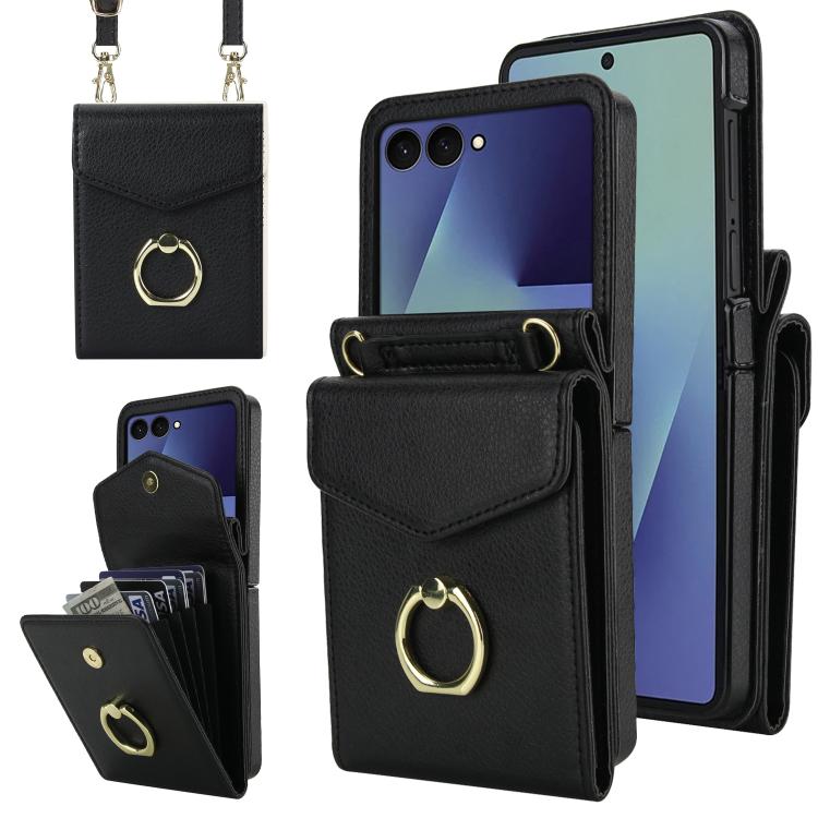 Funda para Samsung Galaxy Z Flip7 5G con ranura para tarjeta RFID y textura Litchi, con soporte para anillo (negra)