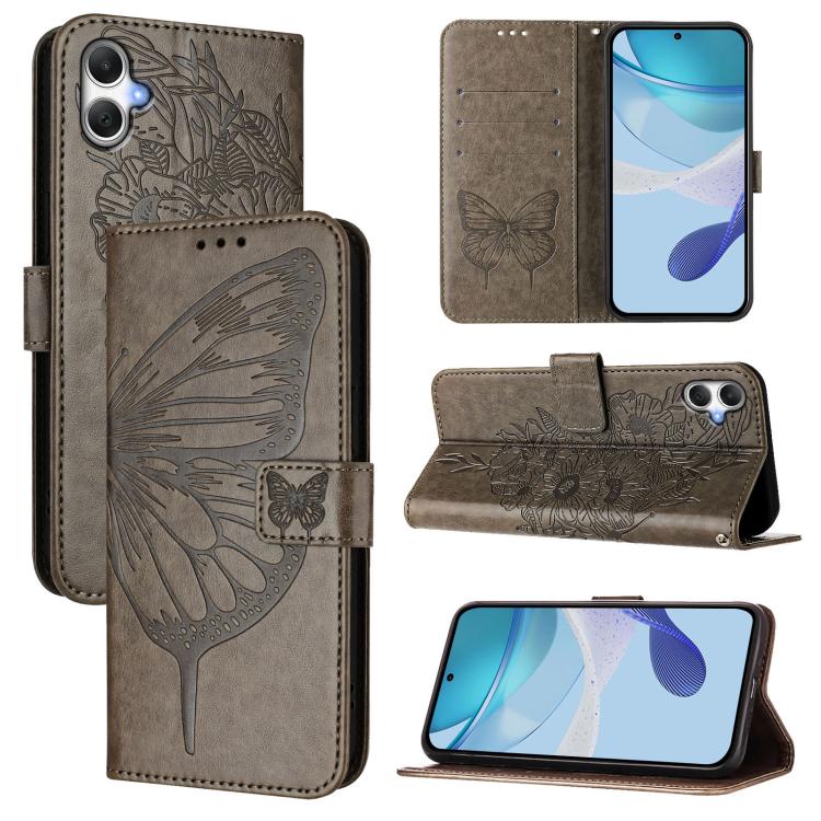 Funda de piel con diseño de mariposa en relieve para Samsung Galaxy A07 4G (gris)