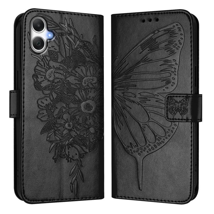 Funda de piel con diseño de mariposa en relieve para Samsung Galaxy A07 4G (negra)