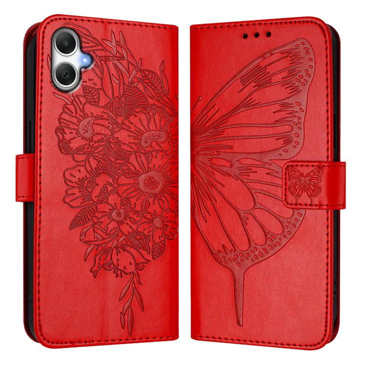 Funda de piel con diseño de mariposa en relieve para Samsung Galaxy A07 4G (roja)