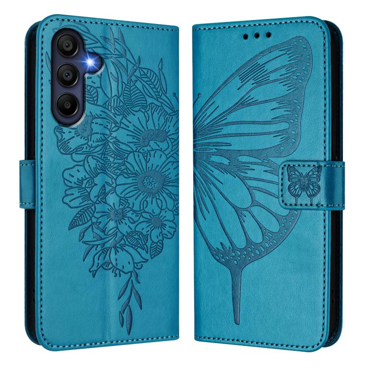 Funda de piel con diseño de mariposa en relieve para Samsung Galaxy A17 5G (azul)
