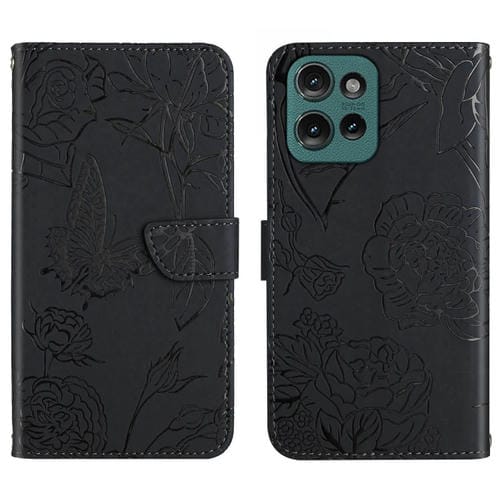 Funda de Cuero con Tapa y Mariposas en Relieve para Motorola Moto G75 5G Ht03 (Negro)