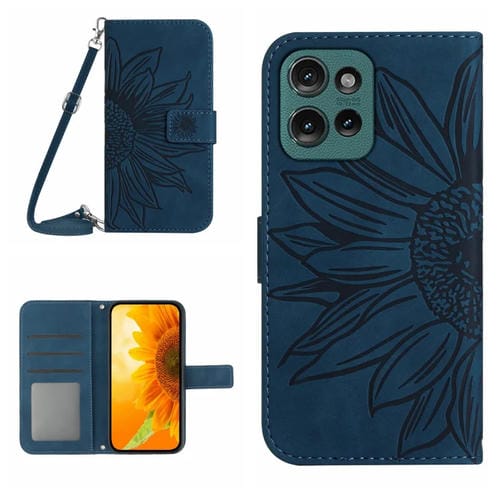 Funda de Cuero con Tapa y Cordón Motorola Moto G75 5G Ht04 Diseño Girasol (Azul Tinta)