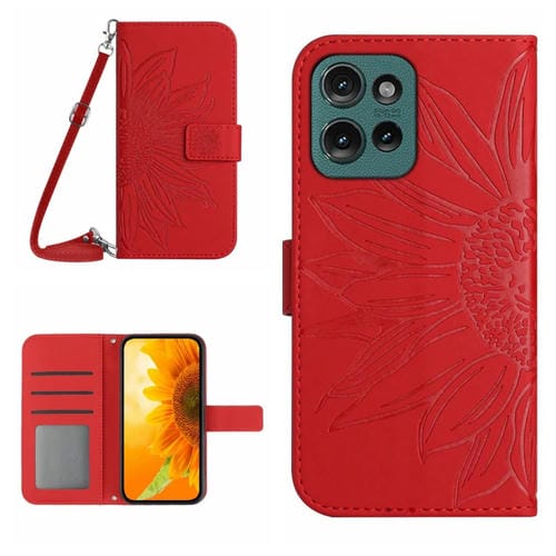 Funda de Cuero con Tapa y Cordón para Motorola Moto G75 5G Ht04 con Diseño de Girasol (Rojo)