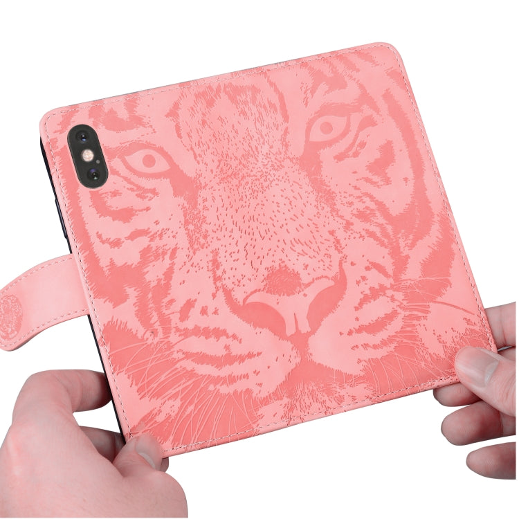 Funda de Cuero para Sony Xperia 10 Vi con Tapa y Patrón en Relieve de Tigre (Rosa)