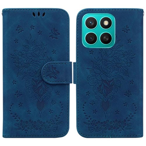 Funda de Cuero con Relieve Mariposa y Rosa para Honor X8C 4G (Azul)