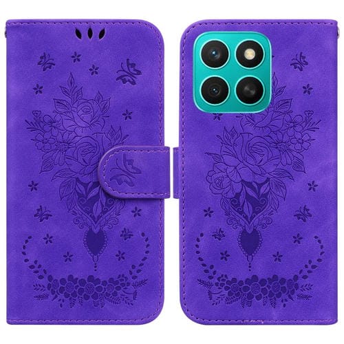 Funda de Cuero con Relieve Mariposa y Rosa para Honor X8C 4G (Morada)