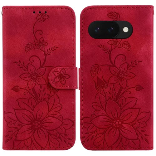 Funda de Cuero con Relieve de Lirio para Google Pixel 9A (Rojo)
