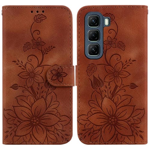 Funda de Cuero con Relieve de Lirio para Infinix Hot 50 4G (Marrón)