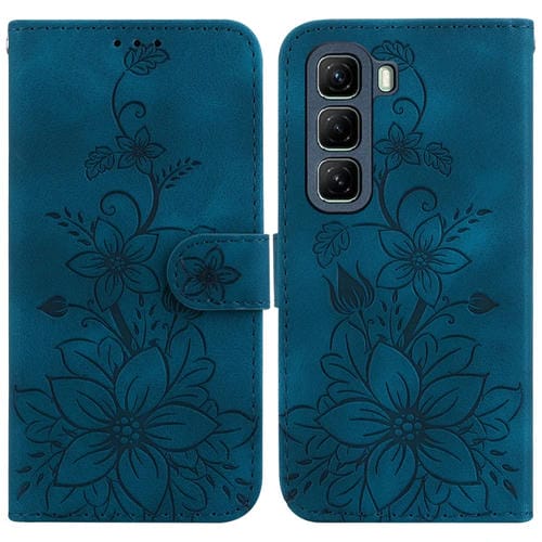 Funda de Cuero con Relieve de Lirio para Infinix Hot 50 5G (Azul Oscuro)