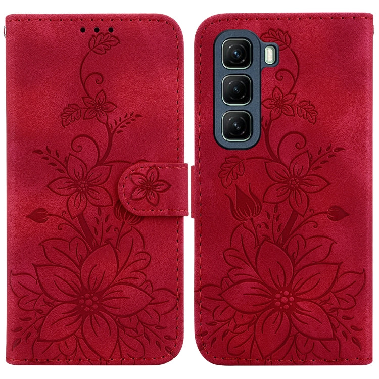 Funda de Cuero con Relieve de Lirio para Infinix Hot 50 5G (Roja)