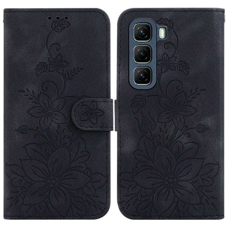 Funda de Cuero con Relieve de Lirio para Infinix Hot 50 5G (Negra)