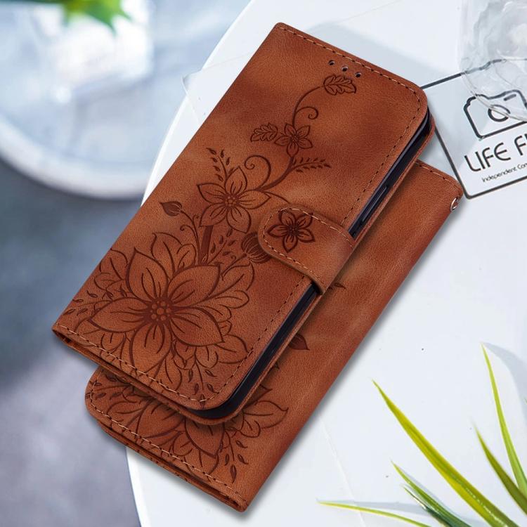 Funda de cuero con relieve de lirio para Infinix Hot 50 Pro+ 4G (marrón)