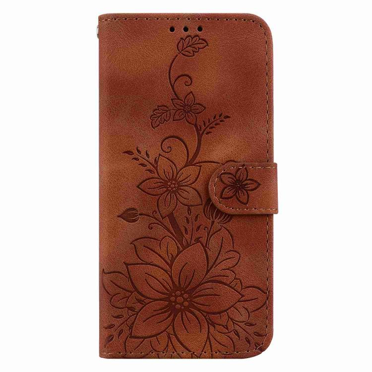 Funda de cuero con relieve de lirio para Infinix Hot 50 Pro+ 4G (marrón)