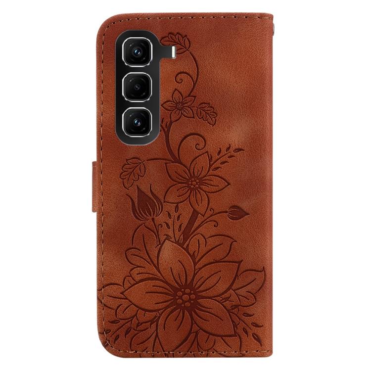 Funda de cuero con relieve de lirio para Infinix Hot 50 Pro+ 4G (marrón)
