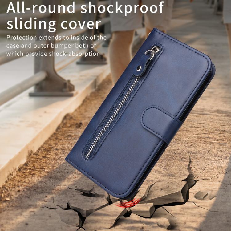 Funda de Piel Textura Becerro con Cremallera para OnePlus 13R / Ace 5 / Ace 5 Pro (Azul)
