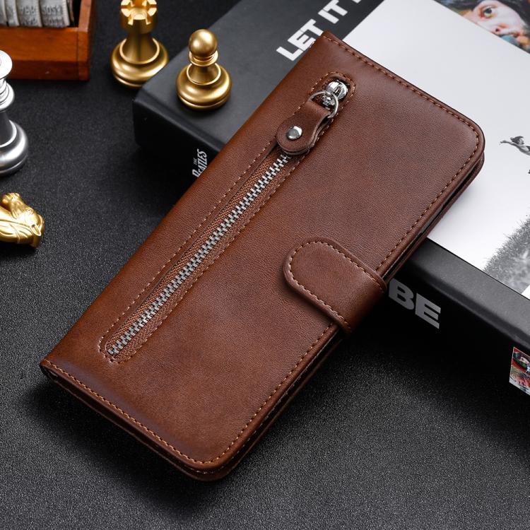 Funda de Piel con Textura de Becerro y Cremallera para OnePlus 13R/Ace 5/Ace 5 Pro (Marrón)