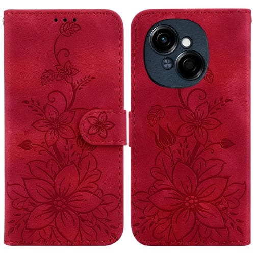 Funda de Cuero con Relieve de Lirio para Tecno Spark Go 1/Pop 9 Pro (Roja)