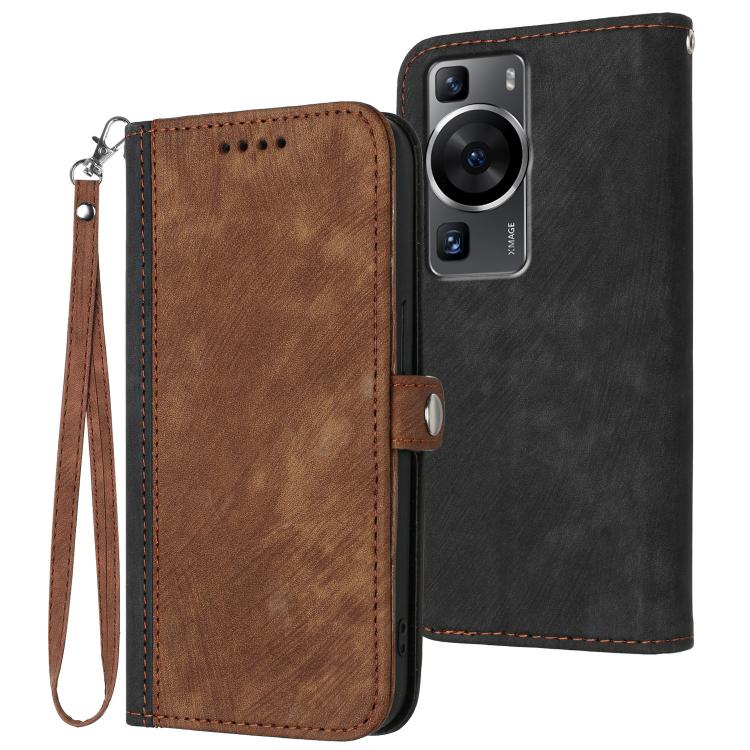 Funda de Cuero para Huawei P60/P60 Pro con Correa de Mano y Hebilla Lateral Doble (Marrón)