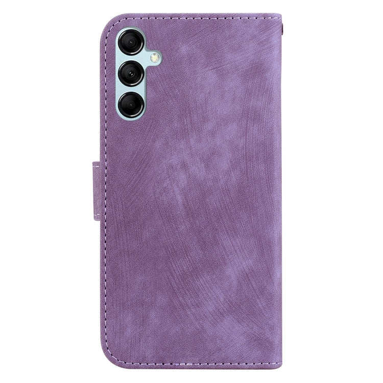 Para Samsung Galaxy M14 Funda para teléfono de cuero con relieve Little Tiger (púrpura)