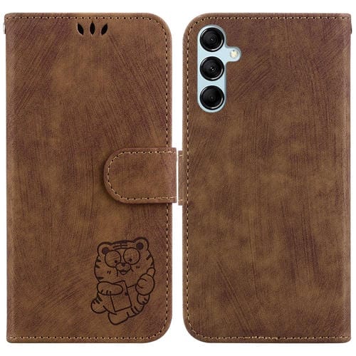 Para Samsung Galaxy M14 Funda para teléfono de cuero con relieve Little Tiger (marrón)