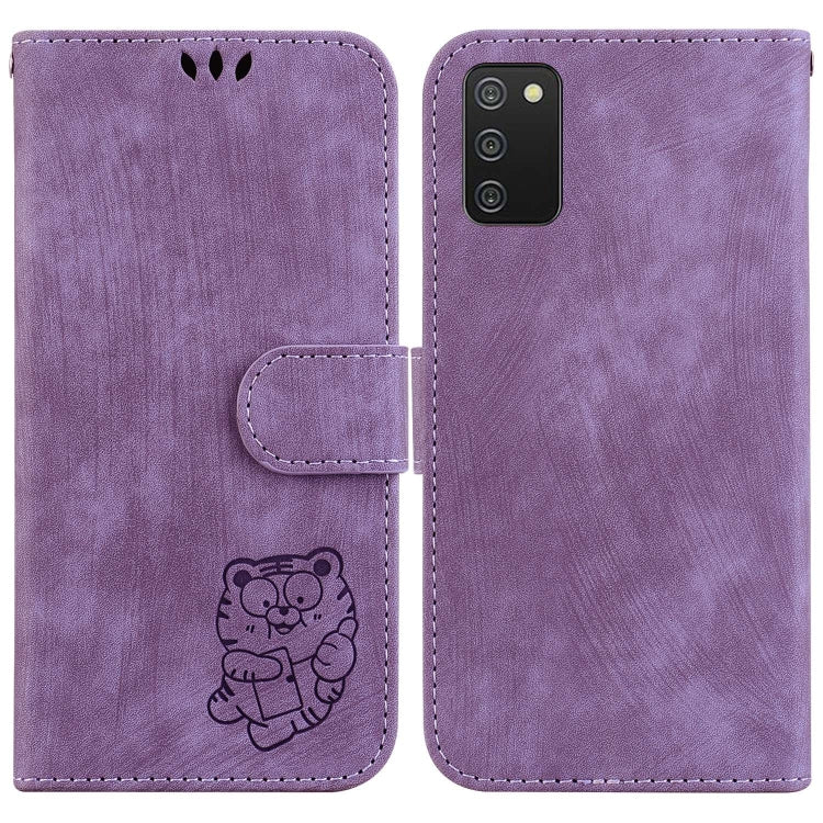 Para Samsung Galaxy A03s EU 166,5 mm Funda para teléfono de cuero con relieve Little Tiger (púrpura)