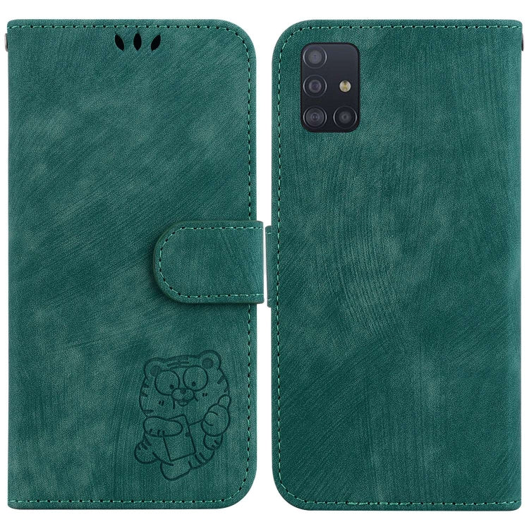 Para Samsung Galaxy A71 Funda para teléfono de cuero con relieve Little Tiger (verde)