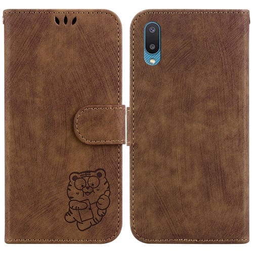 Para Samsung Galaxy A02 / M02 India 4G Funda para teléfono de cuero con relieve Little Tiger (marrón)