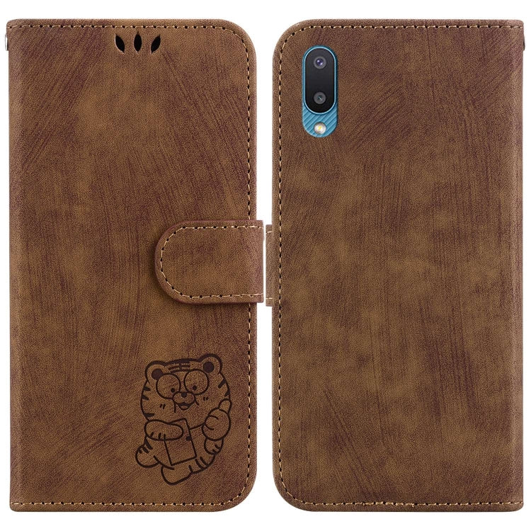 Para Samsung Galaxy A02 / M02 India 4G Funda para teléfono de cuero con relieve Little Tiger (marrón)