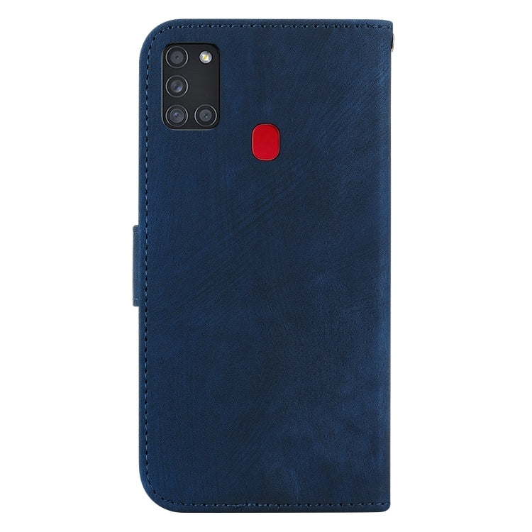 Para Samsung Galaxy A21s Funda para teléfono de cuero con relieve Little Tiger (azul oscuro)