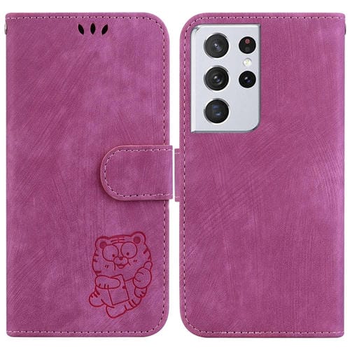 Para Samsung Galaxy S21 Ultra 5G Funda de cuero con relieve Little Tiger (rojo rosa)