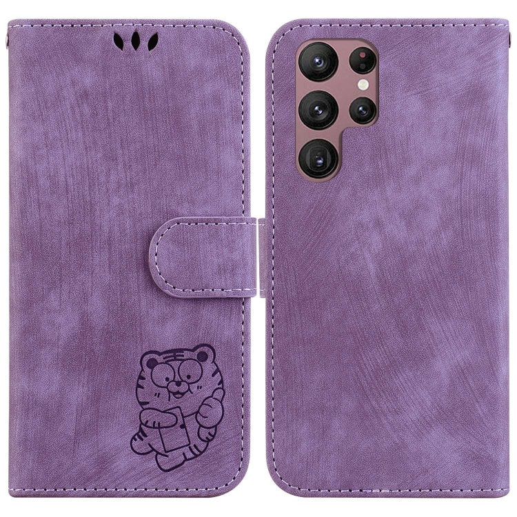 Para Samsung Galaxy S22 Ultra 5G Funda para teléfono de cuero con relieve Little Tiger (púrpura)