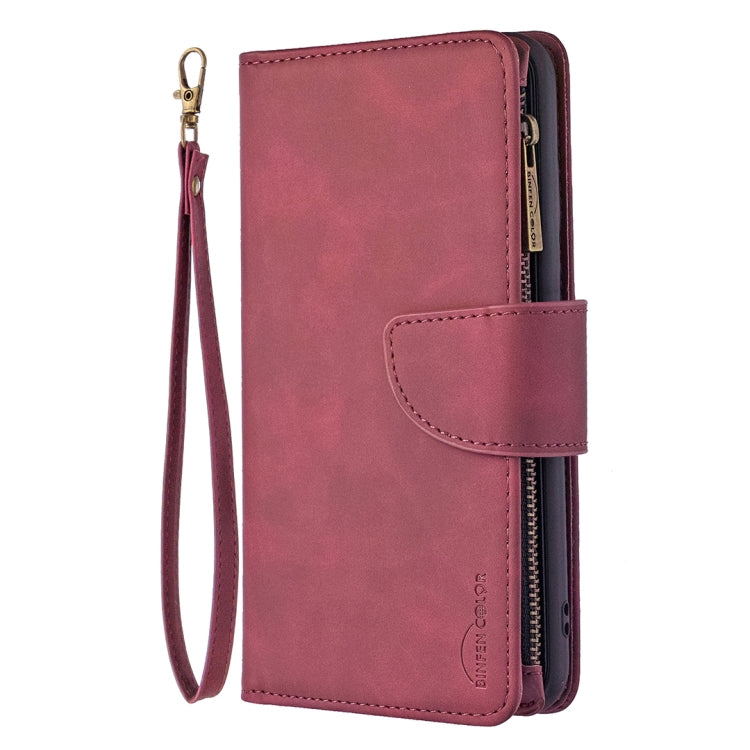 Estuche de Cuero PU para Samsung Galaxy A50 A30S A50S con Cremallera Magnética Desmontable Tapa Horizontal Ranuras Tarjetas Soporte Billetera Marco Fotos Cordón (Rojo)