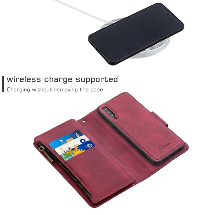 Estuche de Cuero PU para Samsung Galaxy A50 A30S A50S con Cremallera Magnética Desmontable Tapa Horizontal Ranuras Tarjetas Soporte Billetera Marco Fotos Cordón (Rojo)