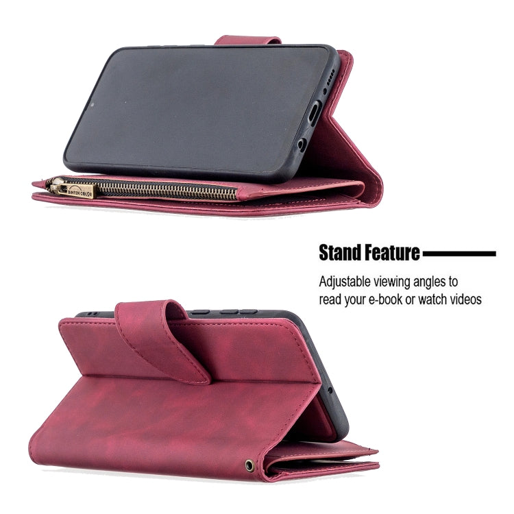 Estuche de Cuero PU para Samsung Galaxy A50 A30S A50S con Cremallera Magnética Desmontable Tapa Horizontal Ranuras Tarjetas Soporte Billetera Marco Fotos Cordón (Rojo)