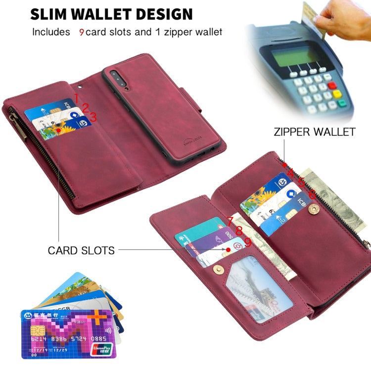 Estuche de Cuero PU para Samsung Galaxy A50 A30S A50S con Cremallera Magnética Desmontable Tapa Horizontal Ranuras Tarjetas Soporte Billetera Marco Fotos Cordón (Rojo)