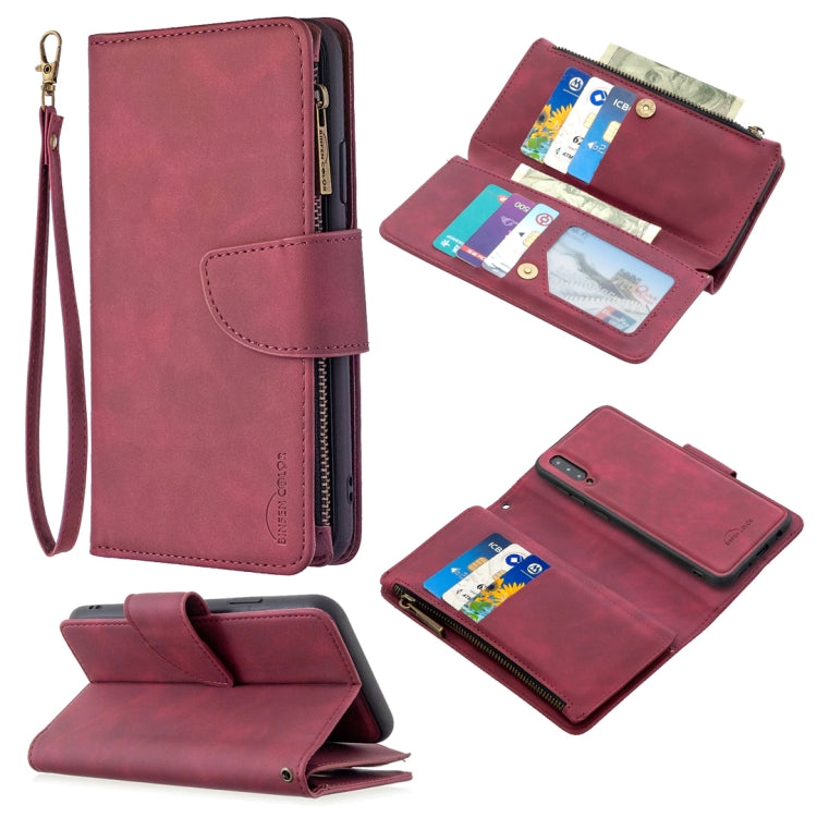 Estuche de Cuero PU para Samsung Galaxy A50 A30S A50S con Cremallera Magnética Desmontable Tapa Horizontal Ranuras Tarjetas Soporte Billetera Marco Fotos Cordón (Rojo)