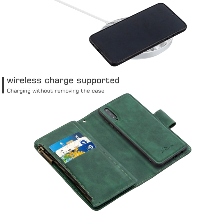 Estuche de Cuero PU Samsung Galaxy A50 A30S A50S con Cremallera Magnética Desmontable Tapa Horizontal Ranuras para Tarjetas Soporte Billetera Marco Fotos Cordón (Verde)