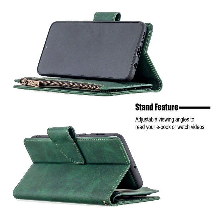 Estuche de Cuero PU Samsung Galaxy A50 A30S A50S con Cremallera Magnética Desmontable Tapa Horizontal Ranuras para Tarjetas Soporte Billetera Marco Fotos Cordón (Verde)