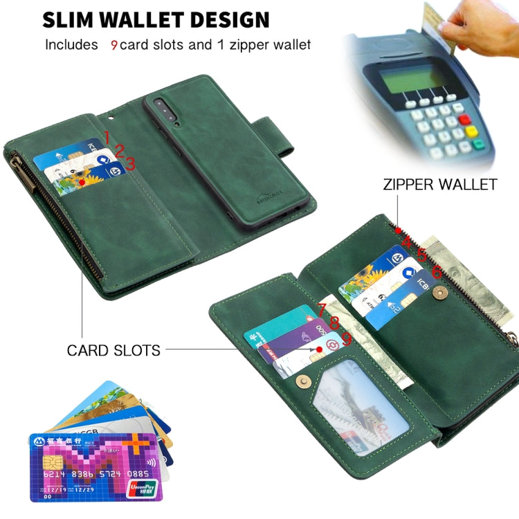Estuche de Cuero PU Samsung Galaxy A50 A30S A50S con Cremallera Magnética Desmontable Tapa Horizontal Ranuras para Tarjetas Soporte Billetera Marco Fotos Cordón (Verde)