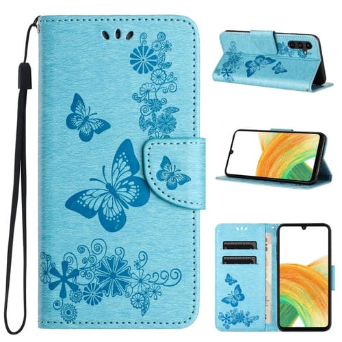 Funda de Cuero Samsung Galaxy A15 con Tapa en Relieve Mariposa (Azul)
