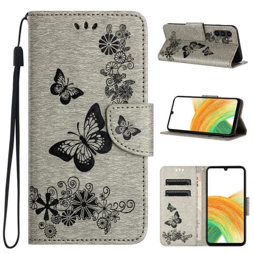 Funda para Teléfono Samsung Galaxy A35 Cuero con Tapa En Relieve de Mariposa (Gris)